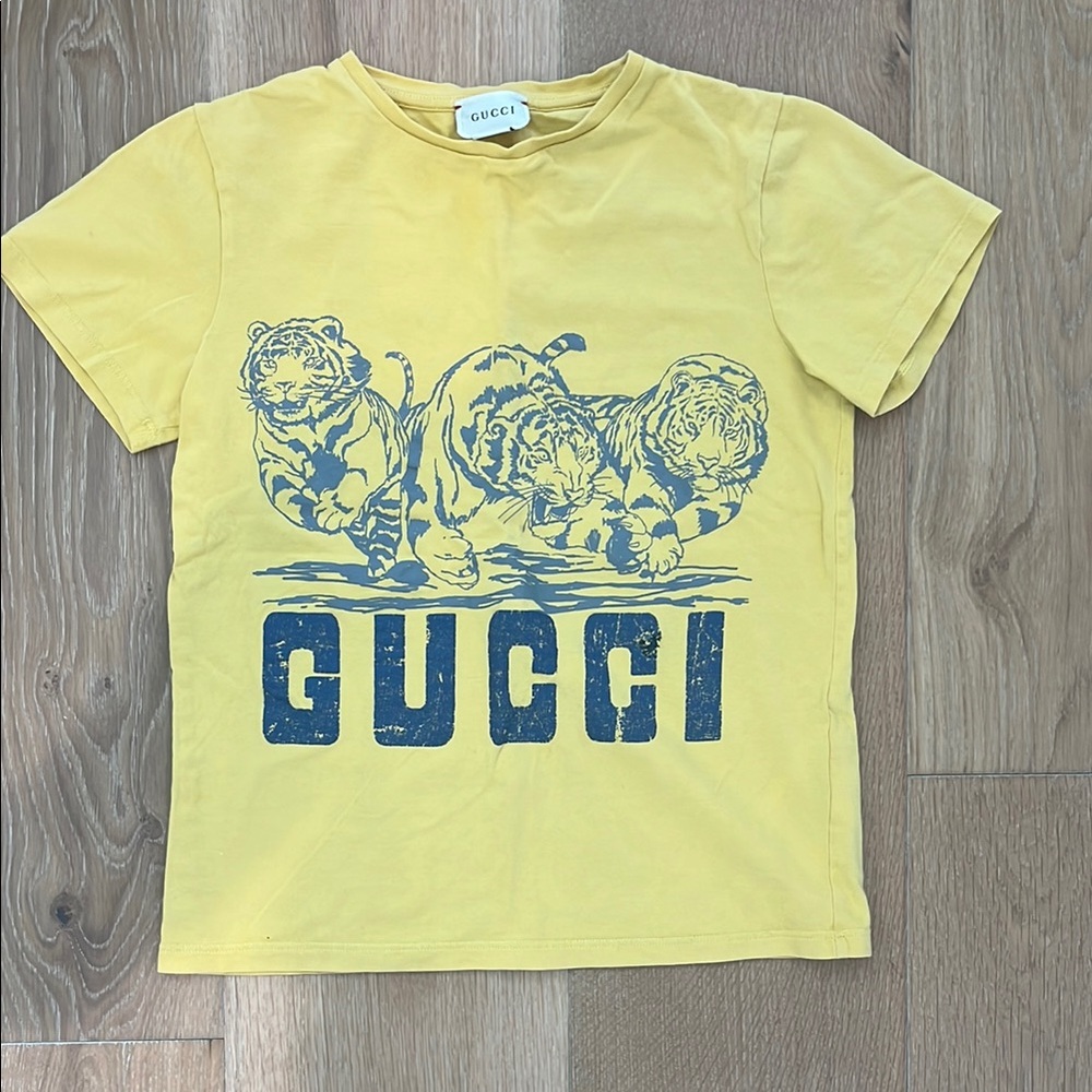 Gucci Yellow Tee with Blue Tiger Graphic - Kids